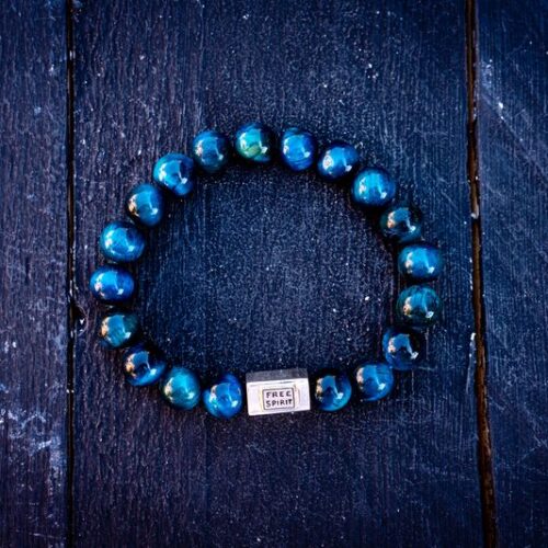 Kralen armband tigereye blue met zilveren logoblokje