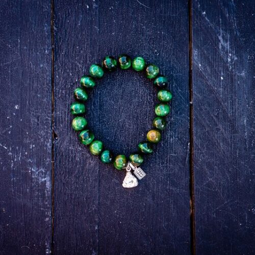 kralen armband Tiger eye green met zilveren happy buddha 2