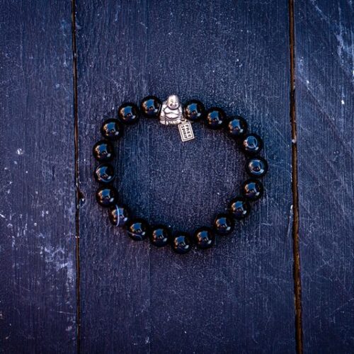 Kralen armband zwarte agaat met zilveren happy buddha 2