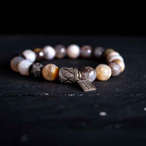 Kralen armband Bamboo agaat met print bedel