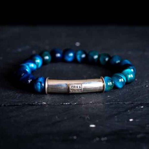Kralen armband Tiger eye blue met zilveren koker