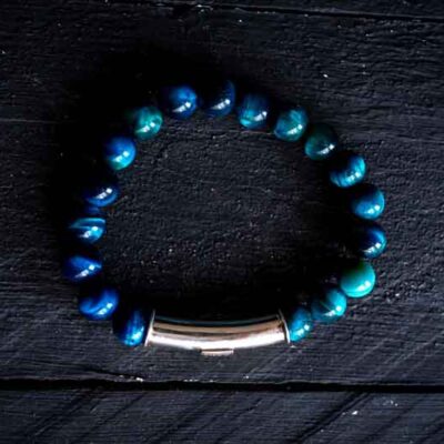 Kralen armband Tiger eye blue met zilveren koker