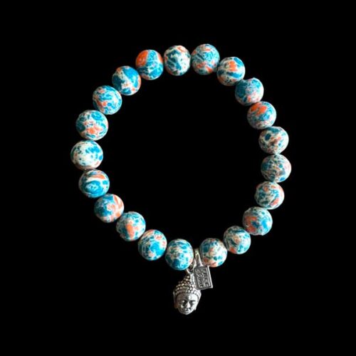 Kralen armband zeesediment turkoois met oranje met zenbuddha hoofdje