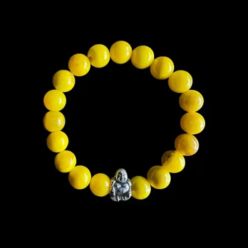 Kralen armband gele jade met zilveren happy buddha