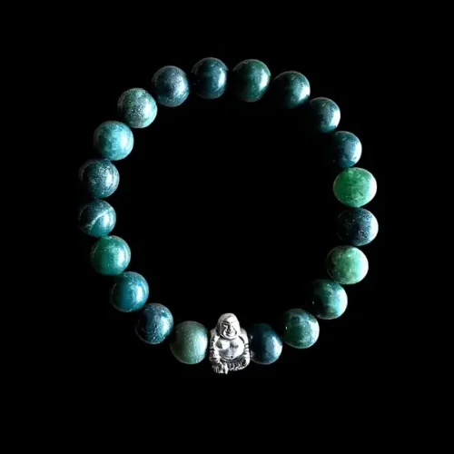 Kralen armband mos agaat met zilveren happy buddha