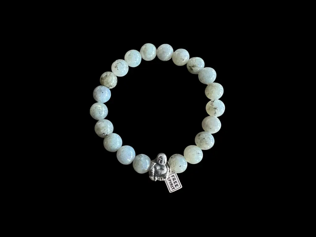 Kralen armband Labradoriet grijs met happy buddha 1 Kralen armband Labradoriet grijs met happy buddha