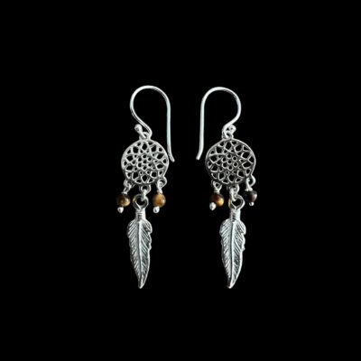 Zilveren oorbellen Indi dreamcatcher brown met tiger eye steentjes