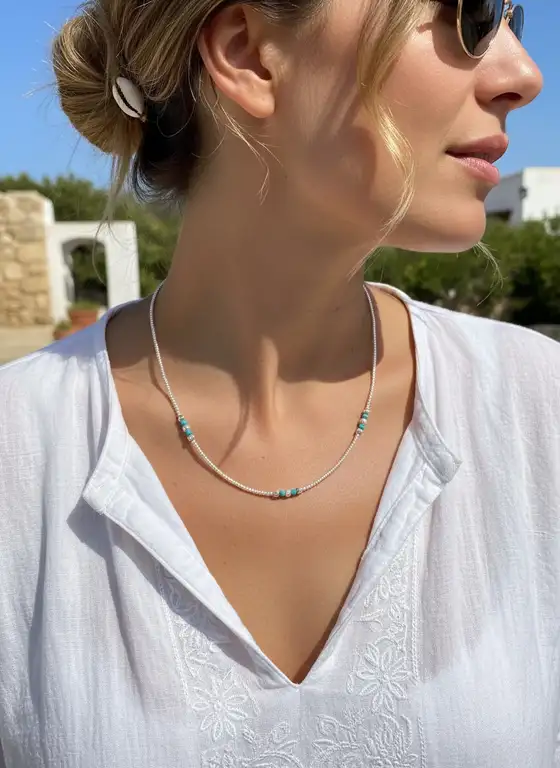 Zilveren ketting Bowien blue met turkoois steentjes 2 Zilveren kralen ketting