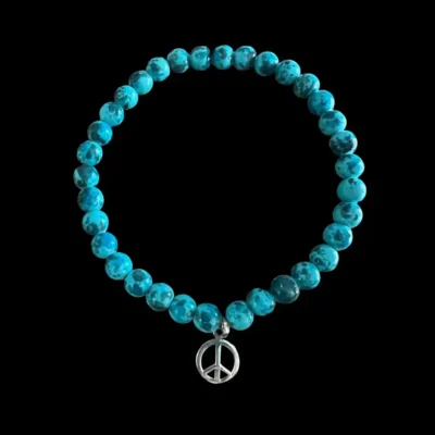 Kralen enkelbandje zeesediment turkoois met peace teken