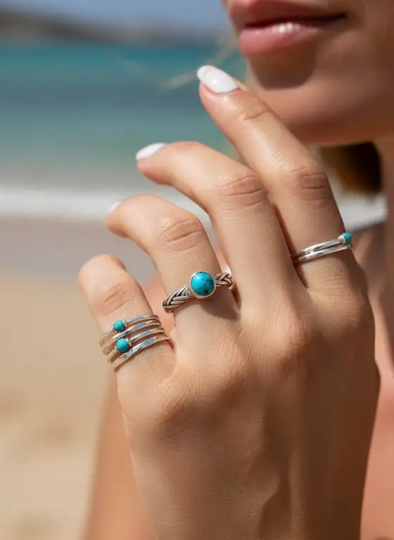 Zilveren dames ring Ciao blue 2 Zilveren schakel ring met turkoois steentje
